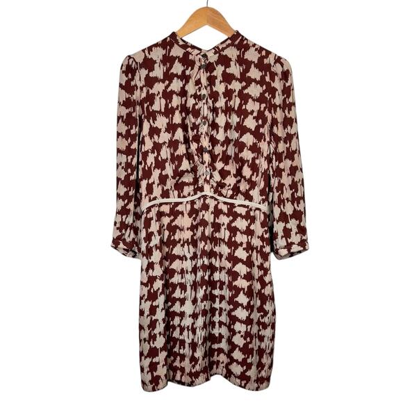 Burberry Brit 12 100% Silk Brown Tan Houndstooth 3/4 Sleeve Button Mini Dress - Picture 9 of 13